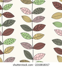 Vector seamless pattern with leaves and branches on beige background. Floral seamless pattern in scandinavian style. Natural fabric design in hand-drawn style. For textiles, wrapping paper, gift paper