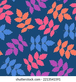 Vector seamless pattern with leaves and branches on dark blue background. Natural fabric design in hand-drawn style. For textiles, wrapping paper, gift paper