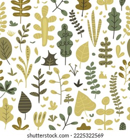 Vector seamless pattern of leaves, branches, herbs. Abstract floral background made of hand drawn ornamental plants, cute doodle elements. Botanical illustration in flat style, nature, spring, summer