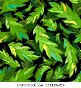 Vector seamless pattern of leaves. Bright green pinnate leaves on black background. Spring and summer boundless background. Tileable design element.