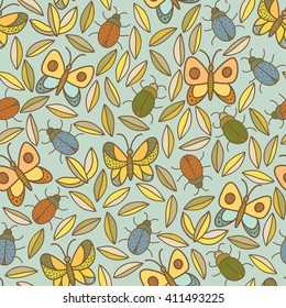 vector seamless pattern with leaves, butterflies and bugs.