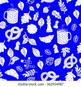 Vector seamless pattern with leaves, chess and eat.
