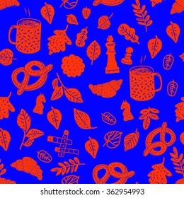 Vector seamless pattern with leaves, chess and eat on blue background.