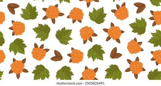 Vector seamless pattern with leaves and cloudberry berries. Autumn repeating pattern with an orange berry. Botanical drawing in a horizontal form. Image for wallpaper, packaging and postcards. 