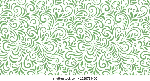 Vector seamless pattern with leaves and curls. Monochrome abstract floral background. Stylish monochrome texture.