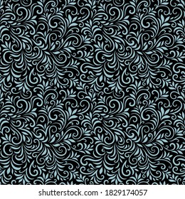Vector seamless pattern with leaves and curls. Monochrome abstract floral background. Stylish monochrome texture.