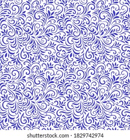 Vector seamless pattern with leaves and curls. Monochrome abstract floral background. Stylish monochrome texture.