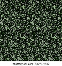 Vector seamless pattern with leaves and curls. Monochrome abstract floral background. Stylish monochrome texture.