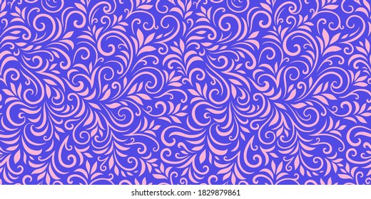Vector seamless pattern with leaves and curls. Monochrome abstract floral background. Stylish monochrome texture.