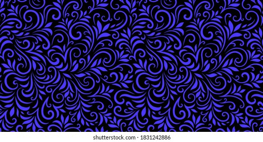 Vector seamless pattern with leaves and curls. Monochrome abstract floral background. Stylish monochrome texture.