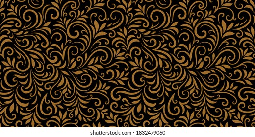 Vector seamless pattern with leaves and curls. Monochrome abstract floral background. Stylish monochrome texture.