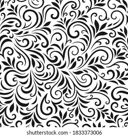 Vector seamless pattern with leaves and curls. Monochrome abstract floral background. Stylish monochrome texture.