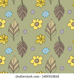 Vector seamless pattern with leaves and flowers. Hand drawn illustration of ornamental plants. 9