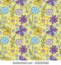 Vector seamless pattern with leaves and flowers. Hand drawn illustration of leaves. 2