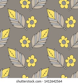 Vector seamless pattern with leaves and flowers. Hand drawn illustration of ornamental plants. 
