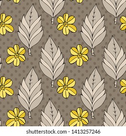 Vector seamless pattern with leaves and flowers. Hand drawn illustration of ornamental plants. 18