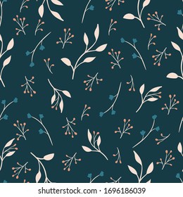 Vector sin fisuras con hojas y flores sobre fondo oscuro.  Ilustración floral para textiles, impresos, papel pintado, envoltura.
