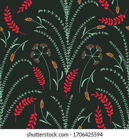 Vector sin fisuras con hojas y flores sobre fondo oscuro.   