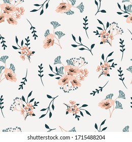 Vector seamless  pattern with  leaves and  flowers on white background.  Floral illustration for textile, print, wallpapers, wrapping.