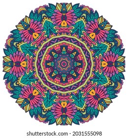 Vector seamless pattern leaves and flowers Colorful ethnic psychedelic folkloric style print. Mandala Jungle floral art.