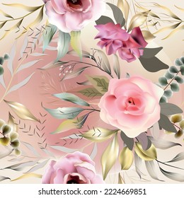 Vector seamless pattern with  leaves and flowers. Exotic botanical background design for cosmetics, spa, textile. Best as wrapping paper, wallpaper.