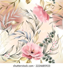Vector seamless pattern with  leaves and flowers. Exotic botanical background design for cosmetics, spa, textile. Best as wrapping paper, wallpaper.