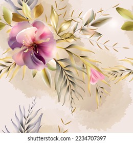 Vector seamless pattern with  leaves and flowers. Exotic botanical background design for cosmetics, spa, textile. Best as wrapping paper, wallpaper.