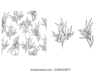 vector seamless pattern with Leaves and flowers and separate elements to create it. Black ink drawn leaves, twigs and small flowers. Black branch texture with foliage. Abstract plant motif.