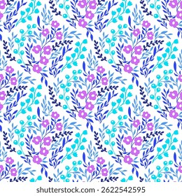 vector seamless pattern of leaves and flowers, vintage botanical pattern for decoration, fabric, wallpaper and decor, hand-drawn ornament for holiday decoration, interior and clothes