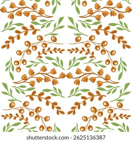 vector seamless pattern of leaves and flowers, vintage botanical pattern for decoration, fabric, wallpaper and decor, hand-drawn ornament for holiday decoration, interior and clothes