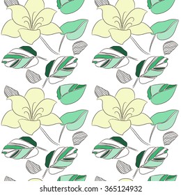 Vector seamless pattern with leaves and flowers. White background