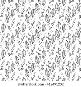 Vector seamless pattern of leaves, flowers and drops.