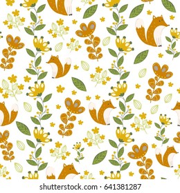Vector seamless pattern with leaves, flowers and fox