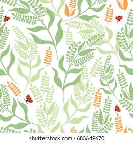 Vector seamless pattern with leaves and flowers, branches and little bugs. Pastel colored floral elements for wrapping paper, fabric cloth pattern and decoration design.