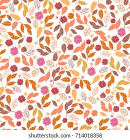 Vector seamless pattern of leaves and flowers. Background for textile or book covers, wallpapers, design, graphic art, printing, hobby, invitation.