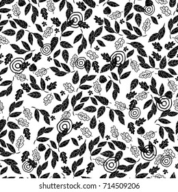 Vector seamless pattern of leaves and flowers. Black and white. Background for textile or book covers, wallpapers, design, graphic art, printing, hobby, invitation