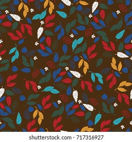 Vector seamless pattern of leaves and flowers in fashion spring color. Floral background for textile or book covers, design, graphic art, printing and hobby, invitation