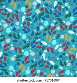 Vector seamless pattern of leaves and flowers in fashion spring color. Floral background for textile or book covers, design, graphic art, printing and hobby, invitation
