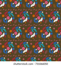 Vector seamless pattern of leaves and flowers in fashionable spring color. Floral background for textile or book covers, design, graphic art, printing and hobby, invitation