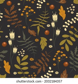 vector seamless pattern with leaves, foliage, plants, flowers and berries in autumn colors. pattern in flat style for printing on fabric, clothing, wrapping paper