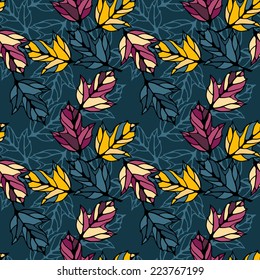 vector seamless pattern with leaves, forest ornament, natural background, hand drawn illustration