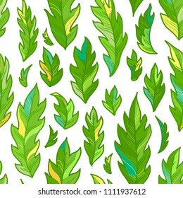 Vector seamless pattern of leaves. Green pinnate leaves on white background. Bright summer boundless background. Tileable design element.