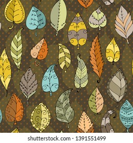 Vector seamless pattern with leaves. Hand drawn illustration of leaves. 15