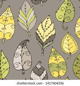 Vector seamless pattern with leaves. Hand drawn illustration of leaves. 10