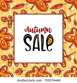 Vector seamless pattern with leaves and hazelnut, white board with autumn sale lettering and copy space, fall leaf background. Colorful floral texture. Template for fashion prints, seasonal sale
