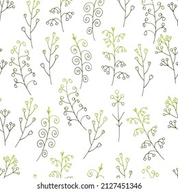 vector seamless pattern of leaves and herbs doodle minimalism, boho style