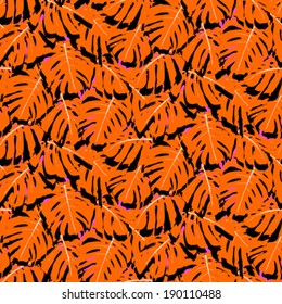 Vector seamless pattern with leaves inspired by tropical nature and plants like palm trees and monstera leaf in multiple bright colors: orange, black and white