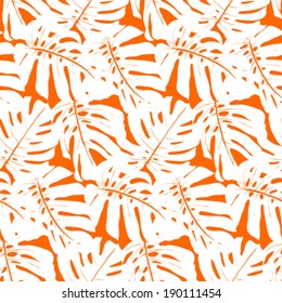 Vector seamless pattern with leaves inspired by tropical nature and plants like palm trees and monstera leaf in bright orange and white colors