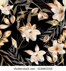 Vector seamless pattern with  leaves and jasmine flowers. Exotic botanical background design for cosmetics, spa, textile. Best as wrapping paper, wallpaper.