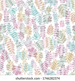 Vector seamless pattern with leaves. Light color elements on white background. Summer pattern with hand drawn trancparent plants. Abstract ornament for textile, scrapbooking and wrapping.